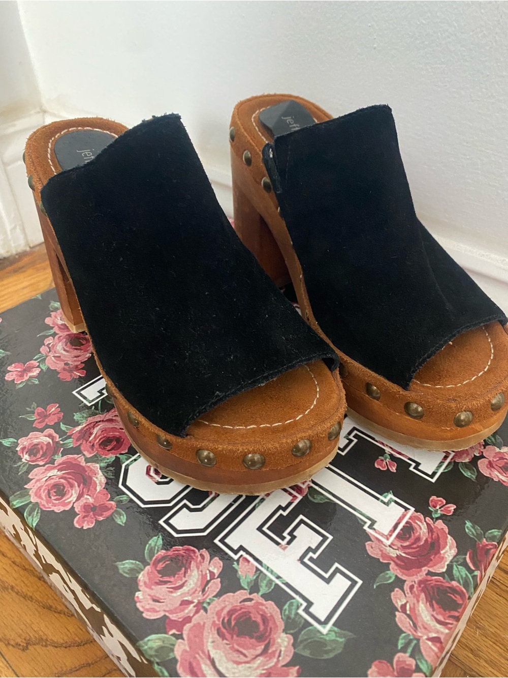 Jeffrey Campbell Black Suede Upper with Brown Wooden Platform Clogs - Picture 3 of 7